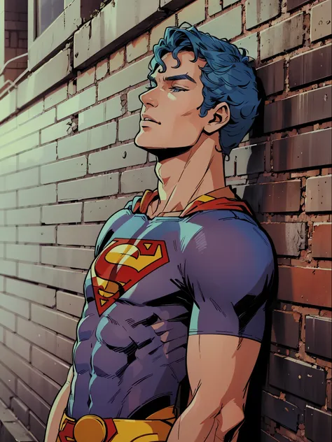 arafed man leaning against a brick wall with his eyes closed,,  ((superman suit))，(blue eyes),90s comic ,marvel comics，backgroun...