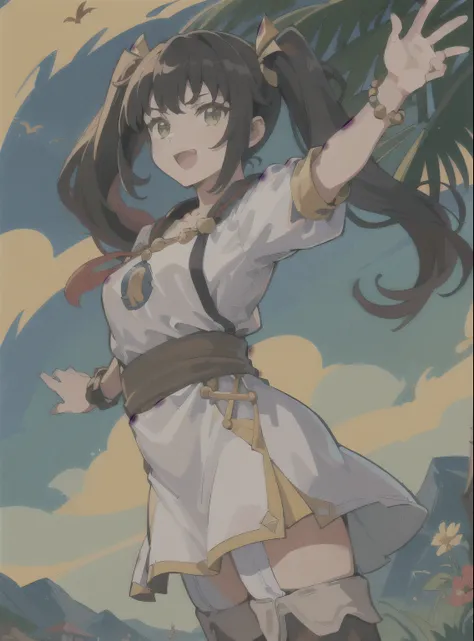 (Cachinhos DouradosWaifu:1), 1 garota, bonitinho, bonitinho Pose, (Cabelo loiro, cabelo grande, cabelo encaracolado, twintails, solid hair, Messy hair ,green olhos, joia, brincos, Beads, colar), (vestir, saia multicolorida, mangas bufantes:1), (inventar), ...