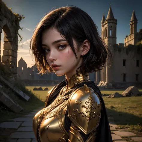 NSFW((masterpiece)), (((Best Quality))), ((Ultra-detailed)), (extremely detailed photo), ((extremely delicate and beautiful)),(Cute delicate face), (A 23 years old very dignified girl),(gold and black full armor) ,holding a glowing weapon,(Castle ruins in ...