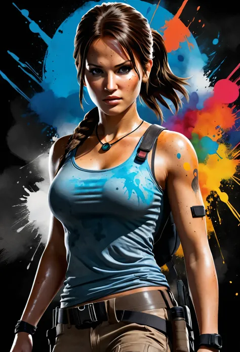 Estilo Realismo, design de camiseta, arte centrada, vetor 3D, aquarela, Lara Croft Tomb Raider, fundo preto, Adobe Illustration, trends on Artstation, High definition, 8K, detalhes intrincados, fundo colorido, colorful circle, olhos vibrantes, bela arte , ...