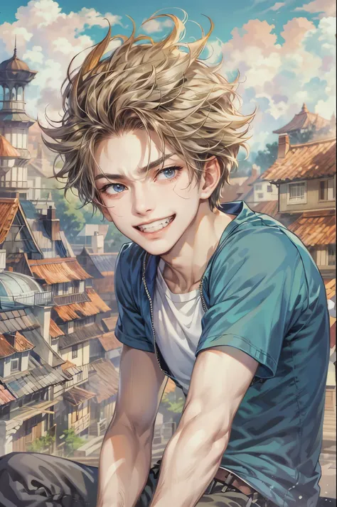 ((Best quality)), ((masterpiece)), (detailed), ((perfect face)), ((halfbody)) handsome face, male, teen boy,  perfect proportions , a character from anime fairy tail, male version , hiro mashima art, detailed ghibli town background, detailed ghibli scenery...