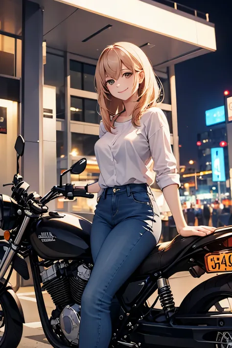 a woman wearing a white shirt and dark jeans, next to a motorcycle, in a city at night, smiling.