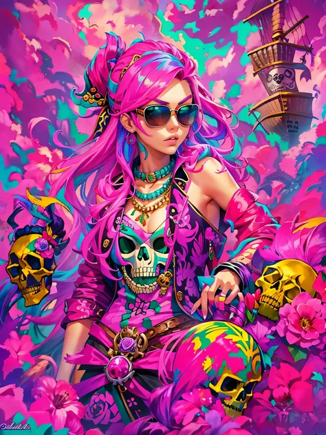 official art，unity 8k wallpaper，Super detailed，highest quality，（and colorful graffiti walls），1 girl，pink hair，green eyes，very detailed，dynamic angle，Pirate Shots，the most beautiful form of chaos，elegant，beastly design，bright colors，romanticism，(((The stron...