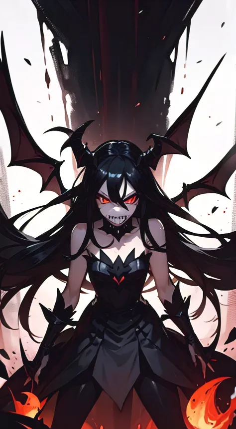 beautiful demon woman with long black hair, sharp teeth, furious, battle, glowing red eyes, bat wings on back, ram horns, angry, fight, fireball, hazbin hotel