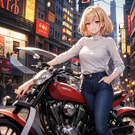 a woman wearing a white shirt, dark jeans, next to a motorcycle, short blonde hair, red bangs, brown eyes, in a city at night, s...