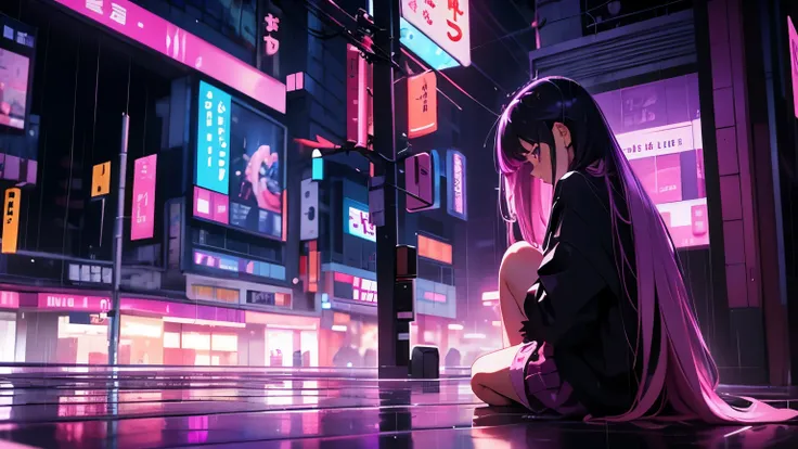 girl sittig on floor, long hair, sad, upset, raining, tokyo, city, lights, purple and pink, pink, purple, cyber, night, hair faling on floor, glass, black hair, upset