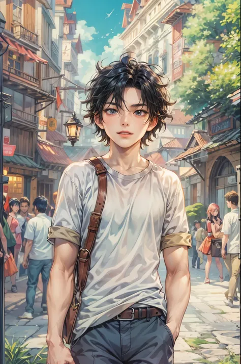 ((Best quality)), ((masterpiece)), (detailed), ((perfect face)), ((halfbody)) handsome face, male, teen boy,  perfect proportions , a character from anime fairy tail, male version , hiro mashima art, detailed ghibli town background, detailed ghibli scenery...