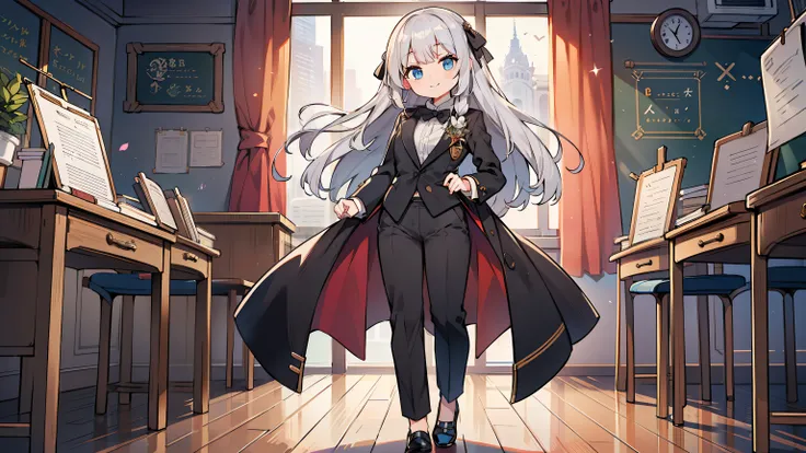 (long silver hair girl),((teach a class)),(Pants style with tuxedo),blue eyes,open your mouth, dull smile, Full body Esbian,(((a bit))),(alone),(best image quality, In 8K, masterpiece, Super detailed),