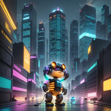 Create a stunning image of WALL-E in a futuristic backdrop, lit by vibrant neon lights. WALL-E, the adorable and quirky waste collector robot, comes to life in this futuristic setting. WALL-E stands at one meter tall, avec un corps en métal compact orné de...