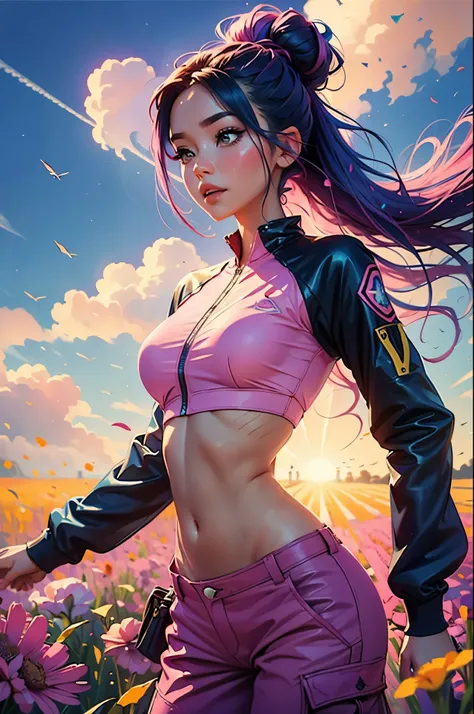 award winning digital art, half body portrait of a beautiful woman in a pink crop top and cargo pants with navy blue teal hairstyle with head in motion and long hair flying, in a flower field, golden sunset, particles dust, glitter, paint splashes, splatte...