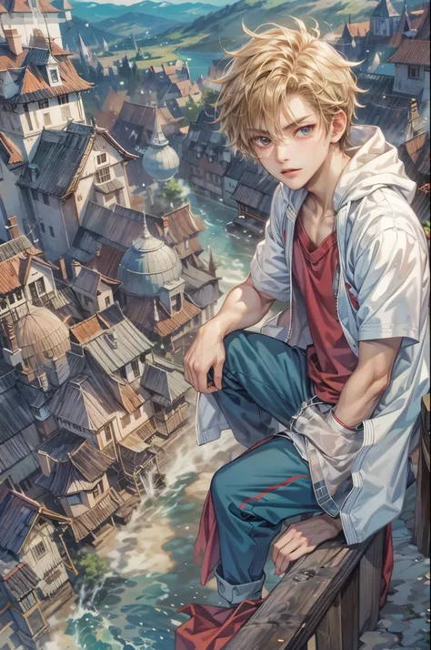 ((Best quality)), ((masterpiece)), (detailed), ((perfect face)), ((halfbody)) handsome face, male, teen boy,  perfect proportions , a character from anime fairy tail, male version , hiro mashima art, detailed ghibli town background, detailed ghibli scenery...