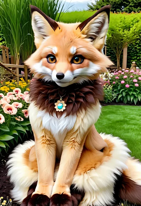 fox, (monster girl), long brown ears with darker brown inside, brown fur, tan neck fluff, brown fluffy tail with a tan tip, large brown eyes, wearing modest clothing, sitting in a flower garden, masterpiece, best quality