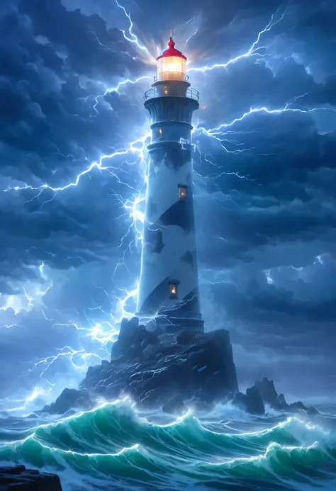 in the midst of a furious storm, a solitary lighthouse stands tall on a rugged, rocky point. the sky is a tumultuous mix of dark...