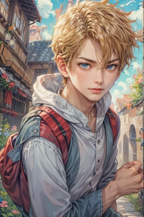 ((Best quality)), ((masterpiece)), (detailed), ((perfect face)), ((halfbody)) handsome face, male, teen boy,  perfect proportions , a character from anime fairy tail, male version , hiro mashima art, detailed ghibli town background, detailed ghibli scenery...