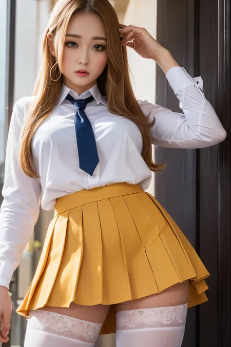 （highest quality，4k，masterpiece：1.2），beautiful woman，1 girl，sexy：1.1，dark yellow hair：1.1，woman wearing school uniform，soaking w...