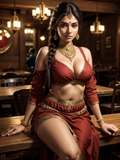 best quality, masterpiece, beautiful, young indian woman, tavern gitl, tavern, looking straight at viewer, wearing elegant red f...