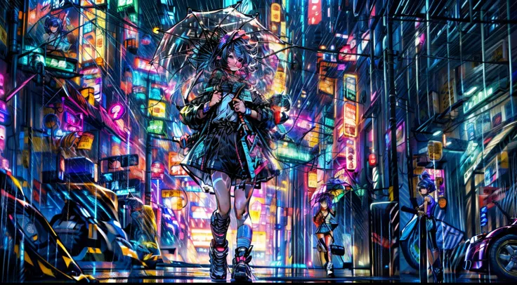 anime girl walking on the street in the rain at night,, 1980s anime art style, anime girl running, 《ramona flowers》, space girl,...