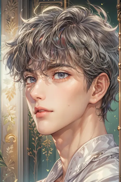 ((Best quality)), ((masterpiece)), (detailed), ((perfect face)), ((halfbody)) handsome face, male, teen boy,  perfect proportions , a character from anime saint seiya, short hair, male version , detailed ghibli interior scenery background 