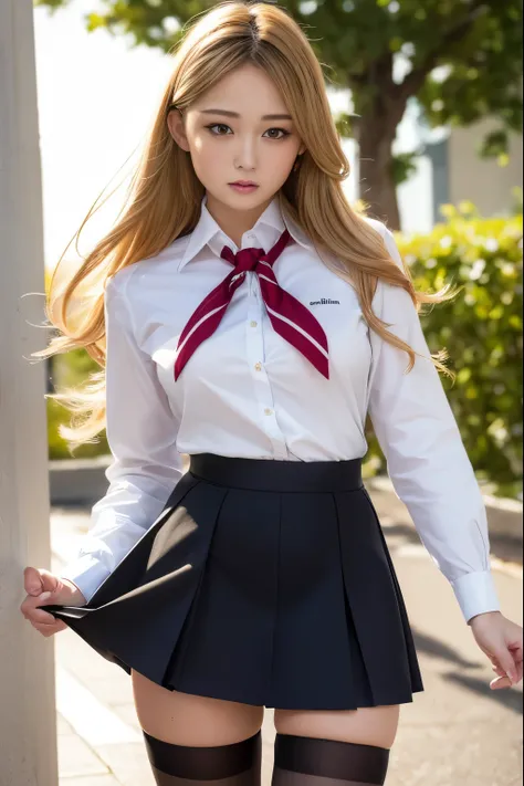 （highest quality，4k，masterpiece：1.2），Beautiful woman，1 girl，sexy：1.1，dark yellow hair：1.1，woman wearing school uniform，soaking wet uniform，super detailed face，lip details，fine eyes，double eyelid，miniskirt black stockings，stand up