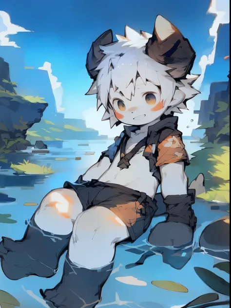 Style image of a little boy lying on the river, trending on artstation pixiv, Guviz-style artwork, Very handsome， Guviz, Guweiz on ArtStation Pixiv, young male anthro dragon，White scales，White hair，Close-up photos，lies on the ground，male people，toddlers，Ha...