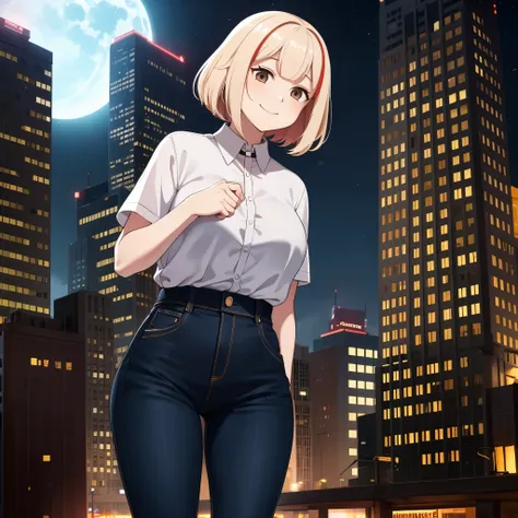 a woman wearing a white shirt, dark jeans, short blonde hair, red bangs, brown eyes, in a city at night, smiling.