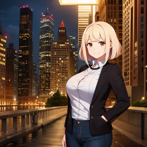 A woman wearing a white shirt, dark jeans, short blonde hair, red bangs, brown eyes, in a city at night, smiling.
