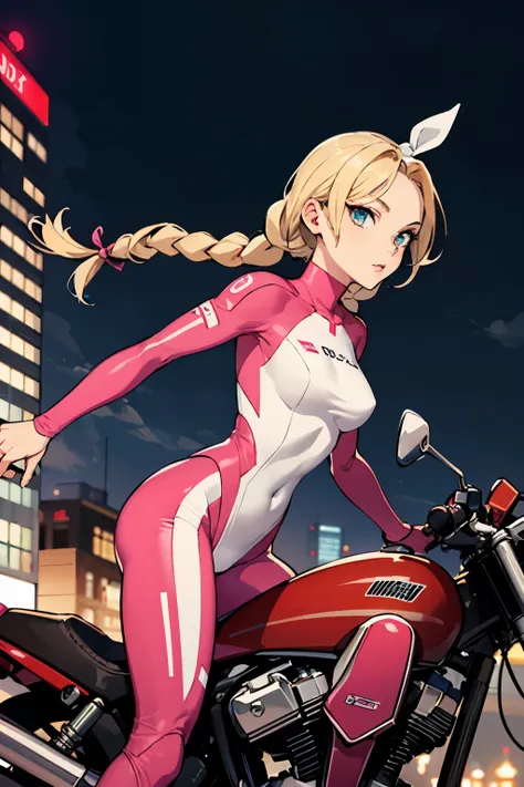 A girl with blonde braids tied with a ribbon, wearing a pink and white compression suit, riding a motorcycle, lights lit, looking at the viewer,