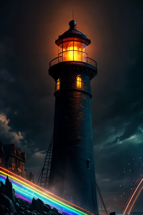 best quality, incredibly absurdres, extremely detailed, steampunk, dark fantasy, dark under the lighthouse, areas not exposed to light from the lighthouse are dimly lit, the neon light of the lighthouse shines in iridescent rainbows colors, motion-blur, ac...