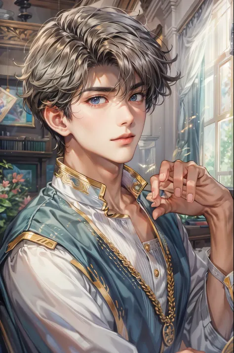 ((Best quality)), ((masterpiece)), (detailed), ((perfect face)), ((halfbody)) handsome face, male, teen boy,  perfect proportions , a character from anime saint seiya, short hair, male version , detailed ghibli interior scenery background 