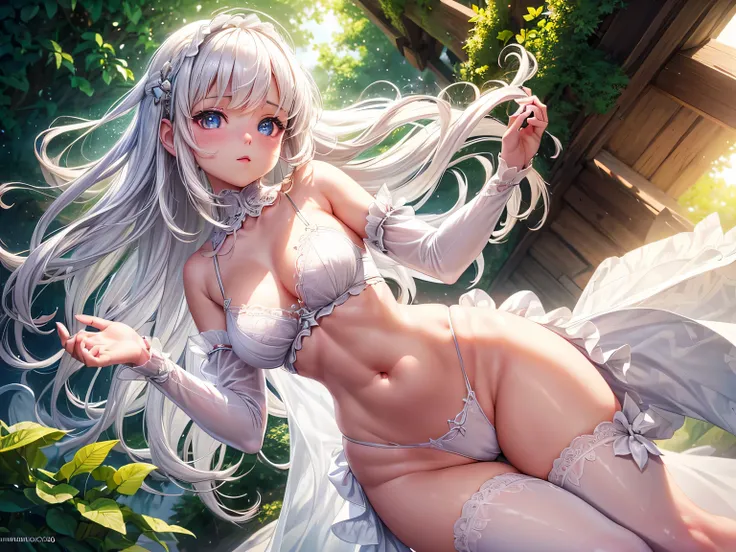 ((realistic)), 1girl, solo, (detailed eyes), ((UHD, 8k)), soft lighting, volumetric lighting, bloom, sun rays, ((extremely cute, young girl, huge eyes, white hair, wide hips, tiny waist)), frilly, lacey white lingerie, shiny skin, botanical garden