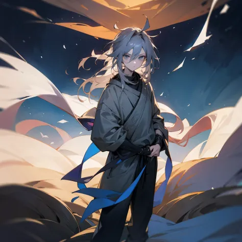 1male, adult, finely detailed grey eyes, long messy hair, pale blue and black ombré hair color, loose sweater, loose baggy pants, bandages wrapped around arms, standing with arms folded, standing on open trail, night, village, muscular, serious 