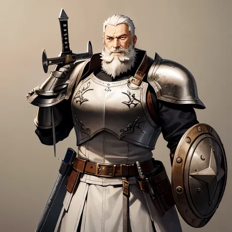 Old Man, white short hair and beard, leather and metal armor, great sword and shield on hands