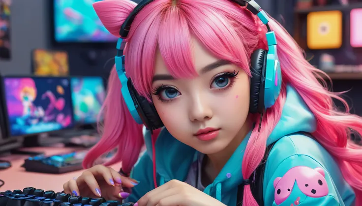 create an image demonstrating the style of ((Kawaii Gamer)) style, hyper realism, 8k high definition, vibrant colors, sharp focus, insanely detailed