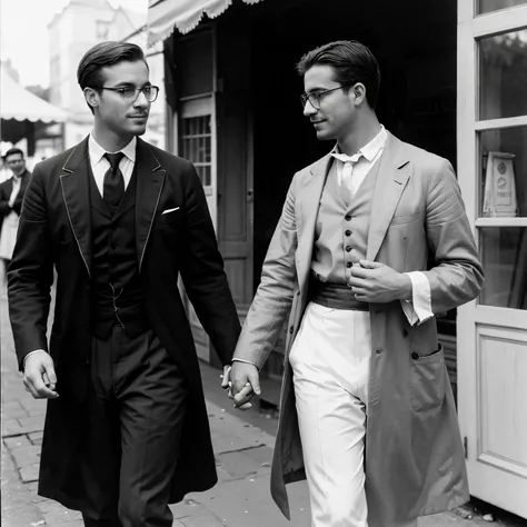 Casal de homens apaixonados, One of them wears glasses, at the French fair in 1920, in period robes, holding hands