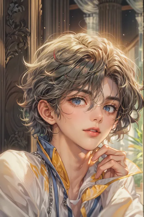 ((Best quality)), ((masterpiece)), (detailed), ((perfect face)), ((halfbody)) handsome face, male, teen boy,  perfect proportions , a character from anime saint seiya, short hair, male version , detailed ghibli interior scenery background 