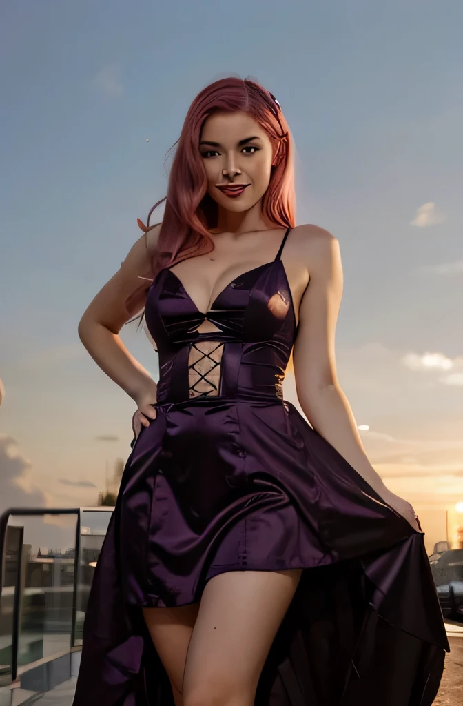 eva elfe, cheveux roses, robe lourde, seductive smile, mischievous, Photo shoot, at dusk