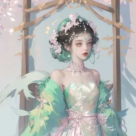 With pink flowers on the head，no loose hair，All tied up neatly，Green gem fringe hair accessories hang naturally to both sides, green earrings，Hanfu, one shoulder，Arms wrapped in gauze，charming eyes，Korean makeup，Smile，Show collarbone，Lotus anthropomorphic，...