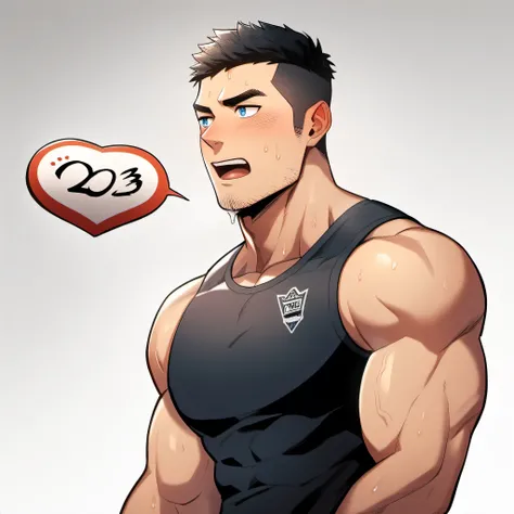 1 sports boy, male focus, Black tight vest, muscular male, muscular, only, Upper body, alone, look to the side, dialog box, short hair, stubble, blush, Sweat, black hair, blue eyes, open lips, White background, simple background, amazing quality, best aest...