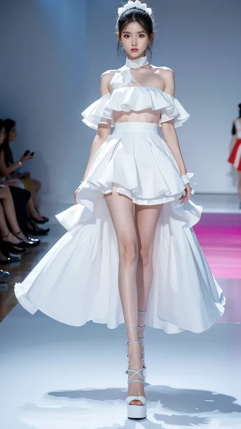 A woman in a white dress and colorful skirt walks on the runway, fashion runway, Colorful fashion, crazy fashion show, simple fashion dress, catwalk photos, Creativity in fashion design, decorate, Colorful、Fantastic costumes, fashion model, high fashion de...