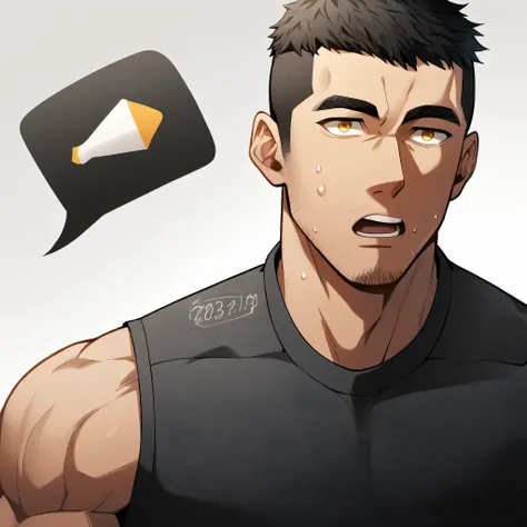 1 sports boy, male focus, black tight vest, muscular male, muscular, only, upper body, alone, look to the side, dialog box, shor...