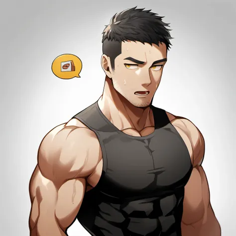 1 sports boy, male focus, Black tight vest, muscular male, muscular, only, Upper body, alone, look to the side, dialog box, short hair, stubble, Sweat, black hair, yellow eyes, open lips, White background, simple background, amazing quality, best aesthetic...