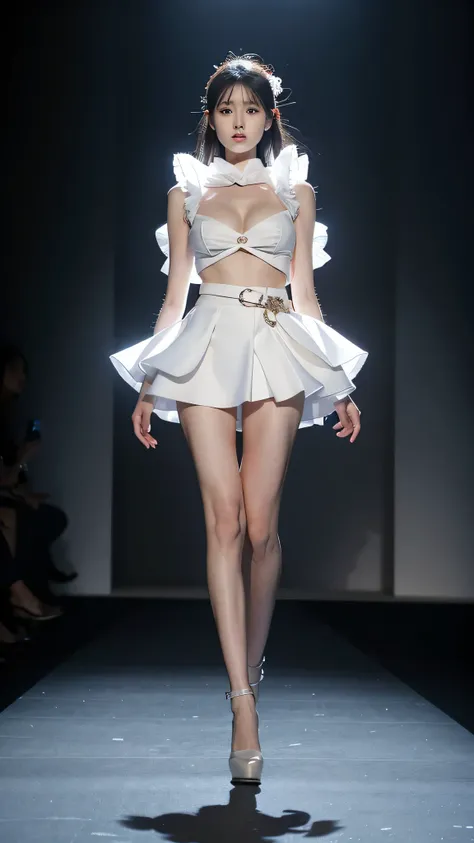 A woman in a white miniskirt walks on the runway, fashion runway, Colorful fashion, crazy fashion show, simple fashion dress, catwalk photos, Creativity in fashion design, decorate, Colorful、Fantastic costumes, fashion model, high fashion design, runway ph...