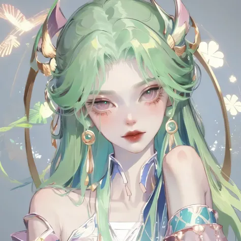 With pink flowers on the head，no loose hair，All tied up neatly，Green gem fringe hair accessories hang naturally to both sides, green earrings，Hanfu, one shoulder，Arms wrapped in gauze，charming eyes，Korean makeup，Smile，Show collarbone，Lotus anthropomorphic，...