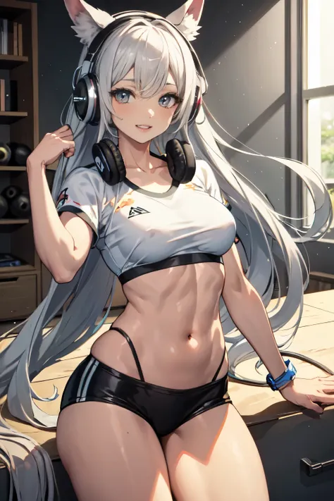 ((best quality)), ((masterpiece)), (familiar), Monster girl with perfect face，happy，wearing headphones，do exercise regularly，high school，I&#39;Rice is tanned，