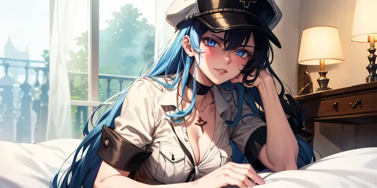 Esdeath, breasts, long hair, blue hair, blue eyes, hat, solo, very long hair, cleavage, large breasts, military uniform, military, uniform, choker, ice, peaked cap,
1girl, shirt, indoors, solo, yellow_shirt, short_sleeves, looking_at_viewer, day, breasts, ...