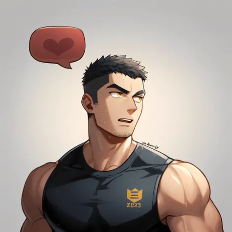 1 sports boy, male focus, Black tight vest, muscular male, muscular, only, Upper body, alone, look to the side, dialog box, short hair, stubble, Sweat, black hair, yellow eyes, open lips, White background, simple background, amazing quality, best aesthetic...