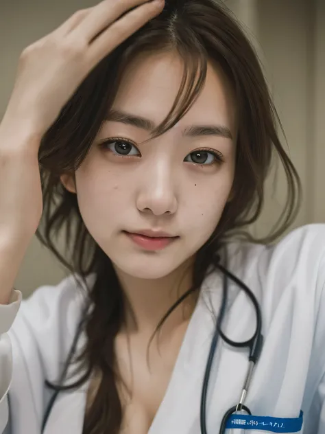 (masterpiece, highest quality:1.2), RAW photo, (realistic, photorealistic:1.2), (8k, High resolution, Super detailed:1.3),  1 Japanese girl, 26 years old, wear a lab coat over a scrub, hospital room, ,close up of face