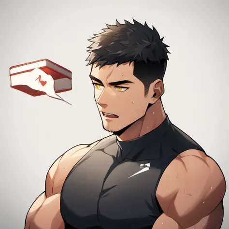 1 sports boy, male focus, Black tight vest, muscular male, muscular, only, Upper body, alone, look to the side, dialog box, short hair, stubble, Sweat, black hair, yellow eyes, open lips, White background, simple background, amazing quality, best aesthetic...