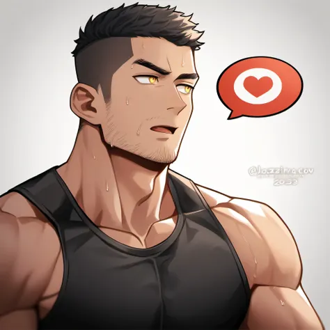 1 sports boy, male focus, black tight vest, muscular male, muscular, only, upper body, alone, look to the side, dialog box, shor...