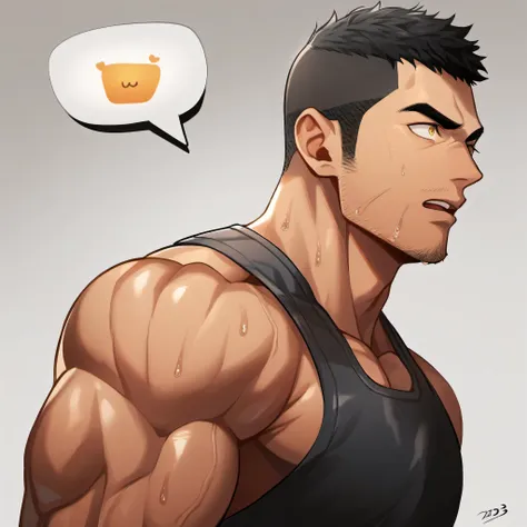 1 sports boy, male focus, black tight vest, muscular male, muscular, only, upper body, alone, look to the side, dialog box, shor...